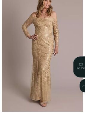 David's Bridal Gold Lace Off-Shoulder Long Sleeve Gown